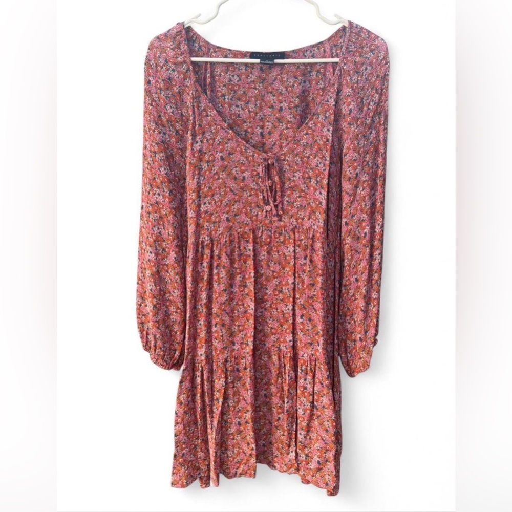 Sanctuary Pink Floral Tiered Mini Dress Long Sleeve Boho Dress Size M